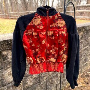 Free People Red Floral Satin Zip Hoodie Jacket